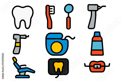Dental Tools Icons. Flat vector icons of dental tools: tooth, toothbrush, dental mirror, dental drill, floss, toothpaste tube,