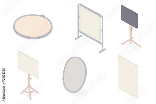 Light Reflection Tools. Isometric vector illustration set Light Reflection and Diffusion Tools: circular collapsible reflector,