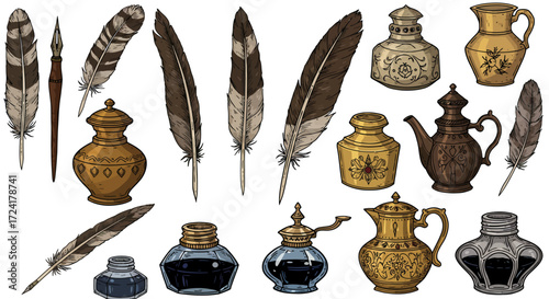 Vintage inkwells and quill feathers collection for historical art and writing…