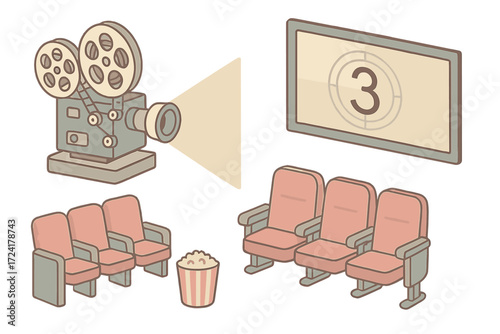 Vintage Cinema Set. Isometric vector illustration set Film Reel Projector Cinematic: vintage film projector with reels, film strip