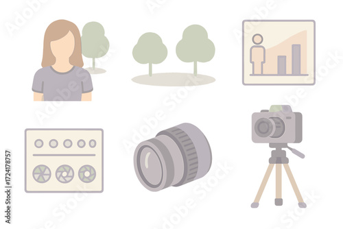 Photography Depth Elements. Isometric vector illustration set Photography Depth of Field Elements: portrait subject in focus,