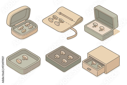 Cufflink Travel Essentials. Isometric vector illustration set Travel and Storage for Cufflinks: compact travel cufflink case, roll