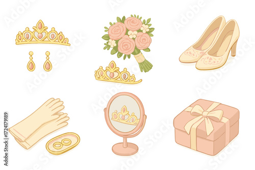 Bridal Accessories Set. Isometric vector illustration set Bridal Accessories and Styling: tiara with matching earrings, bouquet