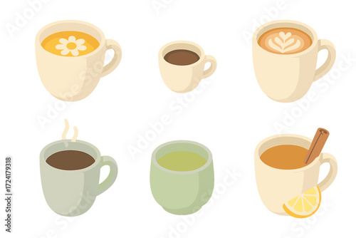 Tea and Coffee Variations. Isometric vector illustration set Tea and Coffee Mug Styles: chamomile tea in mug, espresso shot in