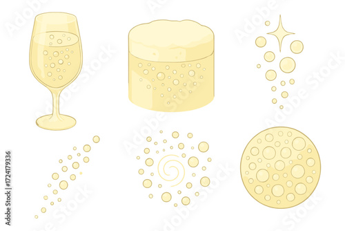 Champagne Effervescence Study. Isometric vector illustration set Champagne Bubble and Effervescence Study: close-up of bubble rise
