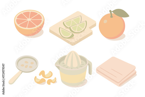 Juicing Setup Essentials. Isometric vector illustration set Juicing Ingredients and Setup: halved grapefruit ready for juicing,