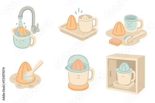 Juicer Parts Cleaning. Isometric vector illustration set Juicer Cleaning and Storage: juicer parts rinsed under faucet, detachable