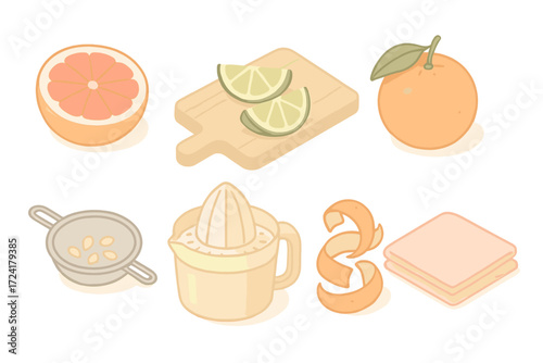 Juicing Setup Essentials. Isometric vector illustration set Juicing Ingredients and Setup: halved grapefruit ready for juicing,