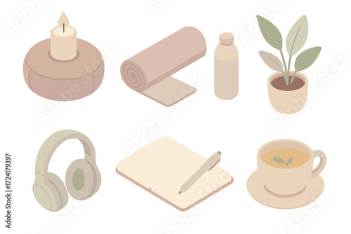 Mental Wellness Essentials. Isometric vector illustration set Mental Wellness: meditation cushion with candle, yoga mat with water