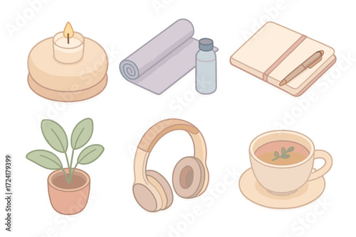 Mental Wellness Essentials. Isometric vector illustration set Mental Wellness: meditation cushion with candle, yoga mat with water
