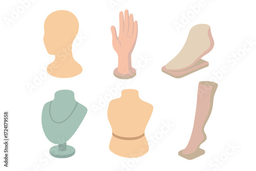 Accessory Display Forms. Isometric vector illustration set Accessory Display Forms: head mannequin for hats and wigs, hand