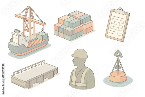 Container Terminal Scene. Isometric vector illustration set Container Terminal Scene: crane unloading cargo from ship, colored