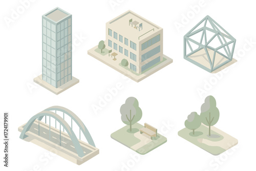 Modern Architecture Icons. Isometric vector illustration set of modern architecture: glass skyscraper, office building, rooftop