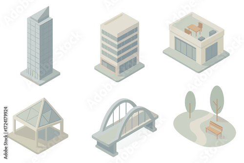 Modern Architecture Icons. Isometric vector illustration set of modern architecture: glass skyscraper, office building, rooftop