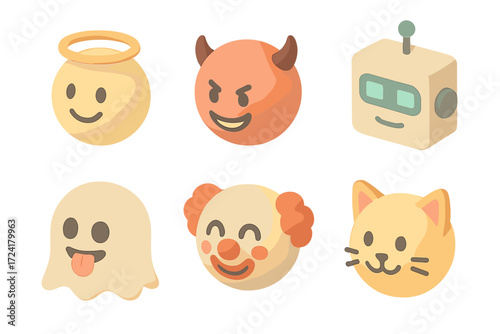 Isometric Emoji Faces. Isometric vector illustration set of simple emoji faces: angel halo smile, devil grin, robot digital eyes,