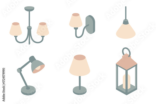 Lighting Decor Icons. Isometric vector illustration set of lighting decor: chandelier, wall sconce, desk lamp, pendant lamp, table