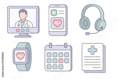 Telehealth Technology Icons. Isometric vector illustration set of telehealth technology: doctor video call screen, mobile health