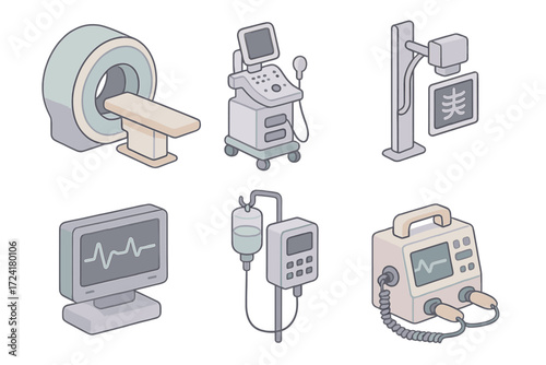 Medical Technology Icons. Isometric vector illustration set of medical technology devices: MRI scanner, ultrasound machine,