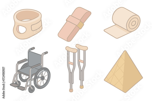 Trauma Care Essentials. Isometric vector illustration set of trauma emergency: neck brace, splint, bandage roll, wheelchair,