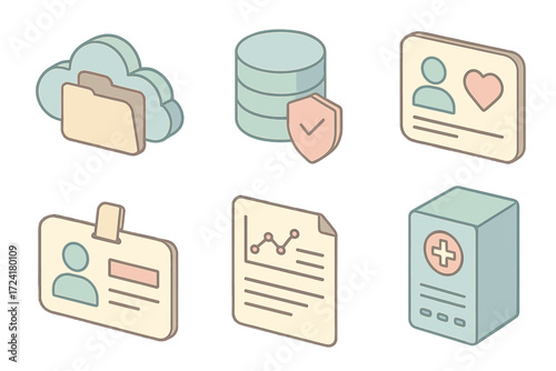 Health Records Icons. Isometric vector illustration set of electronic health records icons: cloud folder, secured database,