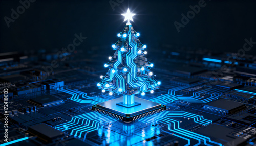 Futuristic Christmas tree made of glowing blue circuit board patterns with a star on top, symbolizing technology and innovation
