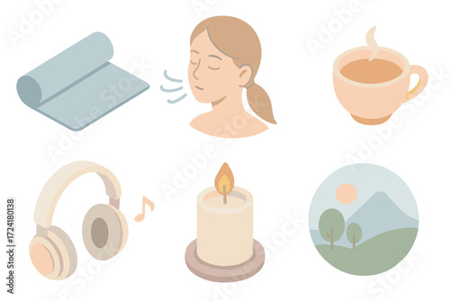 Stress Management Icons. Isometric vector illustration set of stress management: yoga mat, breathing exercise icon, cup of tea,