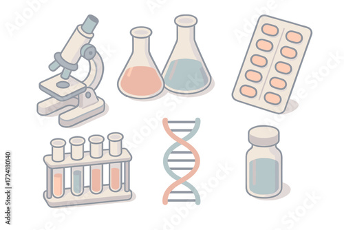 Pharmaceutical Research Icons. Isometric vector illustration set of pharmaceutical research: laboratory microscope, chemical