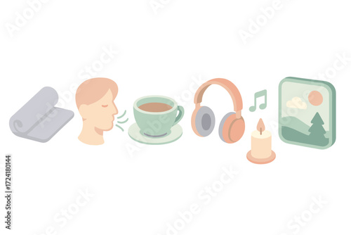 Stress Management Icons. Isometric vector illustration set of stress management: yoga mat, breathing exercise icon, cup of tea,