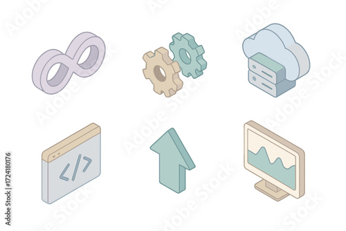 Minimalist DevOps Icons. Isometric vector illustration set of minimalistic DevOps icons: infinity loop, gears, cloud server, code