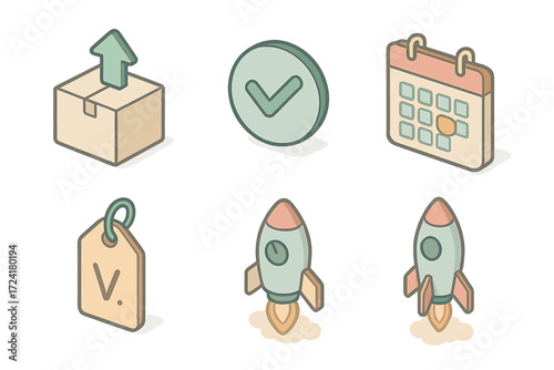 Release Management Icons. Isometric vector illustration set of release management: package box, upload arrow, approval check,