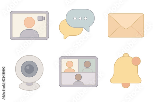 Virtual Communication Icons. Isometric vector illustration set of virtual communication icons: video call screen, chat bubbles,