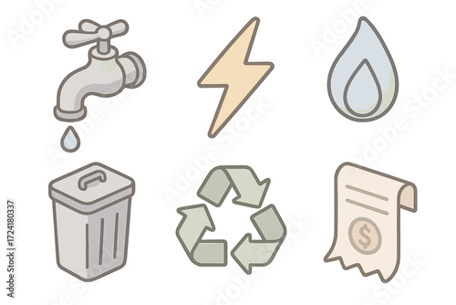 Utility Service Icons. Isometric vector illustration set of utility service icons: water faucet, electricity bolt, gas flame,