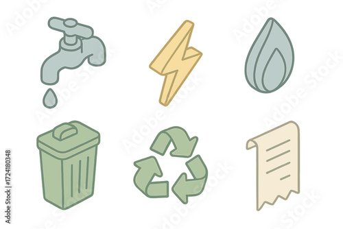 Utility Service Icons. Isometric vector illustration set of utility service icons: water faucet, electricity bolt, gas flame,