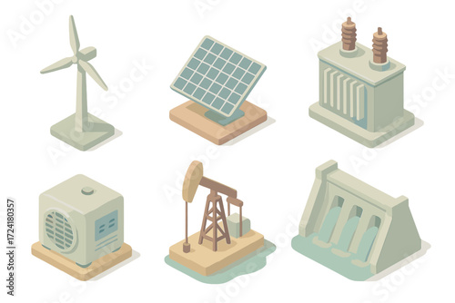 Energy Technology Icons. Isometric vector illustration set of energy and power technology icons: wind turbine, solar panel, power