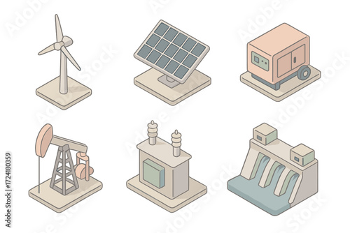 Energy Technology Icons. Isometric vector illustration set of energy and power technology icons: wind turbine, solar panel, power