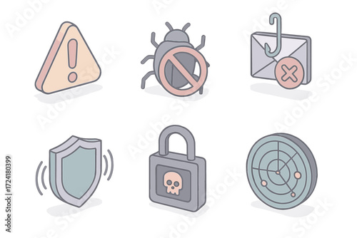 Cyber Security Icons. Isometric vector illustration set of cyber attack prevention icons: alert triangle, malware bug blocked,