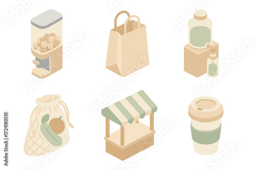Sustainable Shopping Icons. Isometric vector illustration set of sustainable shopping icons: bulk food container, paper bag,