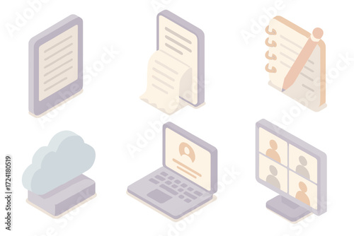 Digital Zero Waste Icons. Isometric vector illustration set of digital zero waste icons: e-book reader, online receipt, digital
