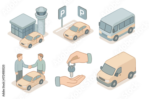 Transport Service Icons. Isometric vector illustration set of pick-up and drop-off icons: airport terminal, parking lot, shuttle
