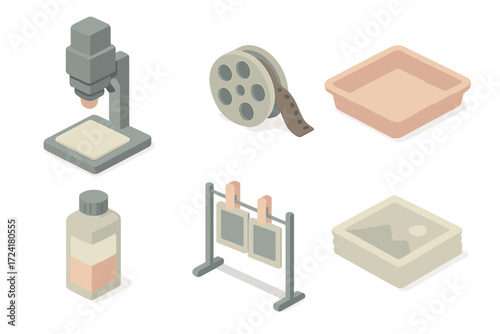 Darkroom Icons Isometric. Isometric vector illustration set of darkroom and printing icons: enlarger, film reel, developing tray,