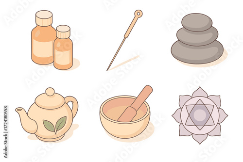 Holistic Health Icons. Isometric vector illustration set of holistic health icons: essential oils, acupuncture needle, massage