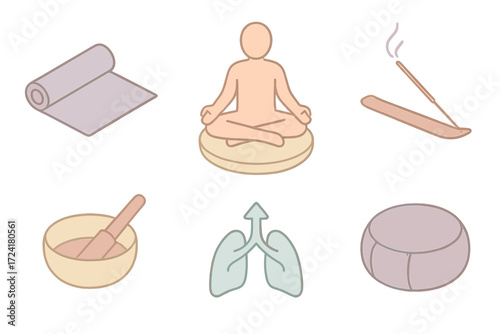 Yoga Icon Set. Isometric vector illustration set of yoga and meditation icons: yoga mat, lotus pose figure, meditation cushion,
