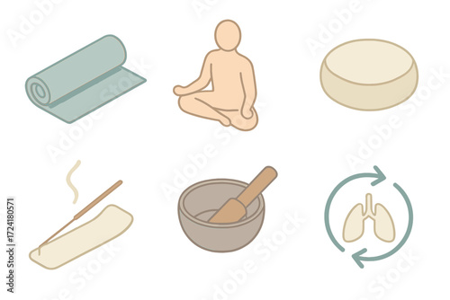 Yoga Icon Set. Isometric vector illustration set of yoga and meditation icons: yoga mat, lotus pose figure, meditation cushion,
