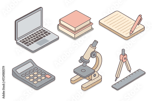 Study Tools Icons. Isometric vector illustration set of study tools icons: laptop with screen, stack of books, notebook with pen,