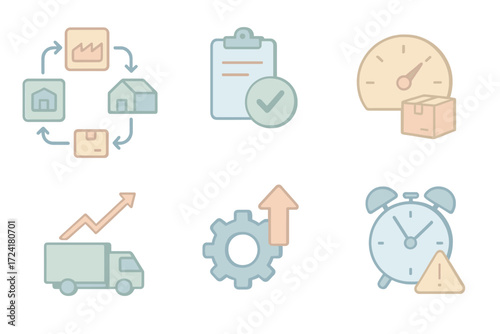 Operations KPI Icons. Isometric vector illustration set of operations KPI icons: supply chain flow chart, quality control