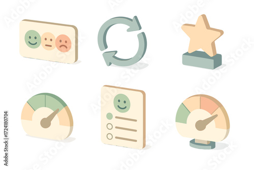 Customer KPI Icons. Isometric vector illustration set of customer KPI icons: smiling face rating, retention circle, loyalty star,