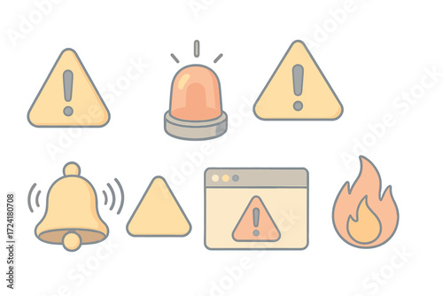 Alert Icon Set. Isometric vector illustration set of warning and alert icons: exclamation mark triangle, red siren light, bell