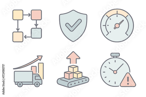 Operations KPI Icons. Isometric vector illustration set of operations KPI icons: supply chain flow chart, quality control