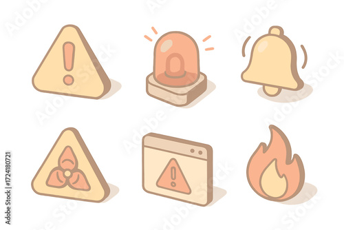 Alert Icon Set. Isometric vector illustration set of warning and alert icons: exclamation mark triangle, red siren light, bell