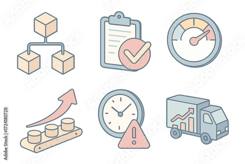 Operations KPI Icons. Isometric vector illustration set of operations KPI icons: supply chain flow chart, quality control